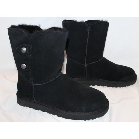 NIB UGG Women's Classic Short Marciella Button Suede Shearling Boots Black SZ 9 - Picture 2 of 5